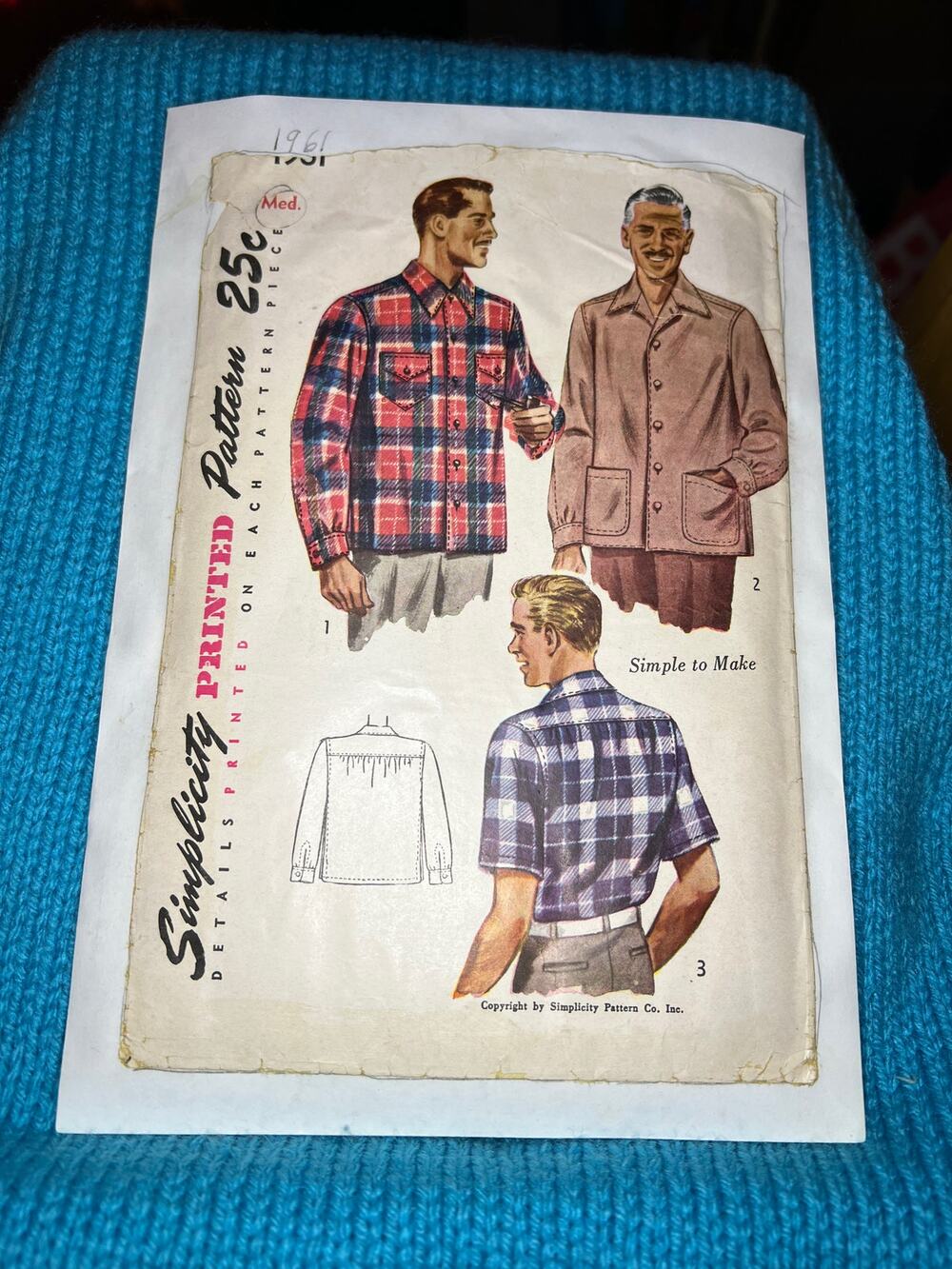 Simplicity 1961 Pattern Mens shirt button up 1950s size medium